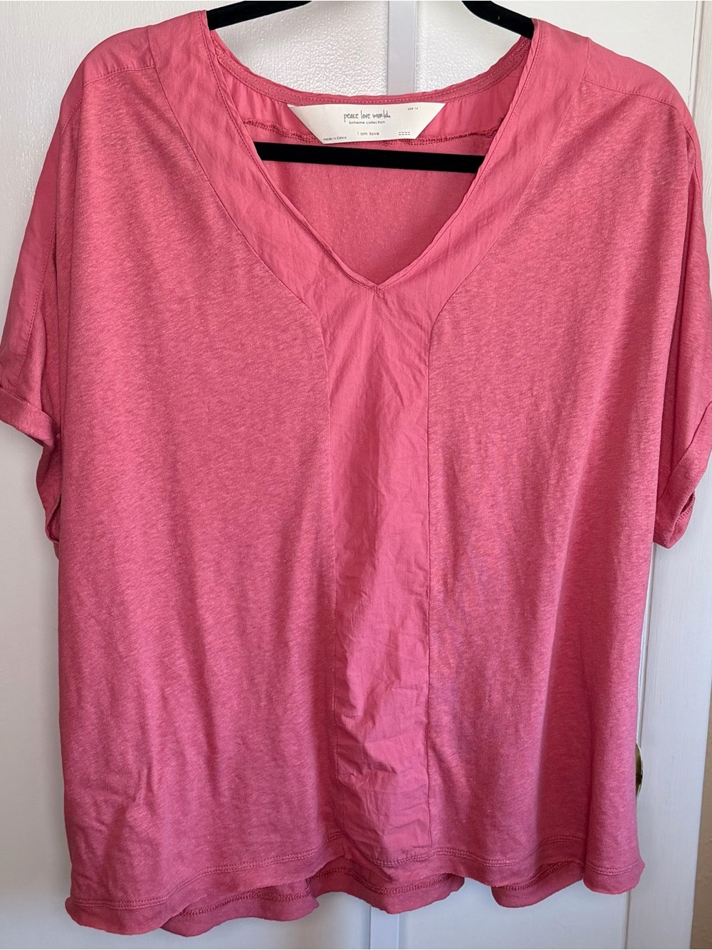 Peace Love World 1X Coral Pink Linen Blend V-Neck Mixed Media Top